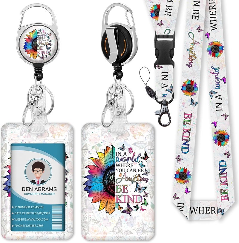 Piefly Lanyards for Id Badges, Positive Inspiration Be Kind Sunflower Badge Holder with Retractable Reel Clip, Work Name Tag Keychain Lanyard Vertical ID Card Protector for Women Nurse Doctor Teacher - Image 1